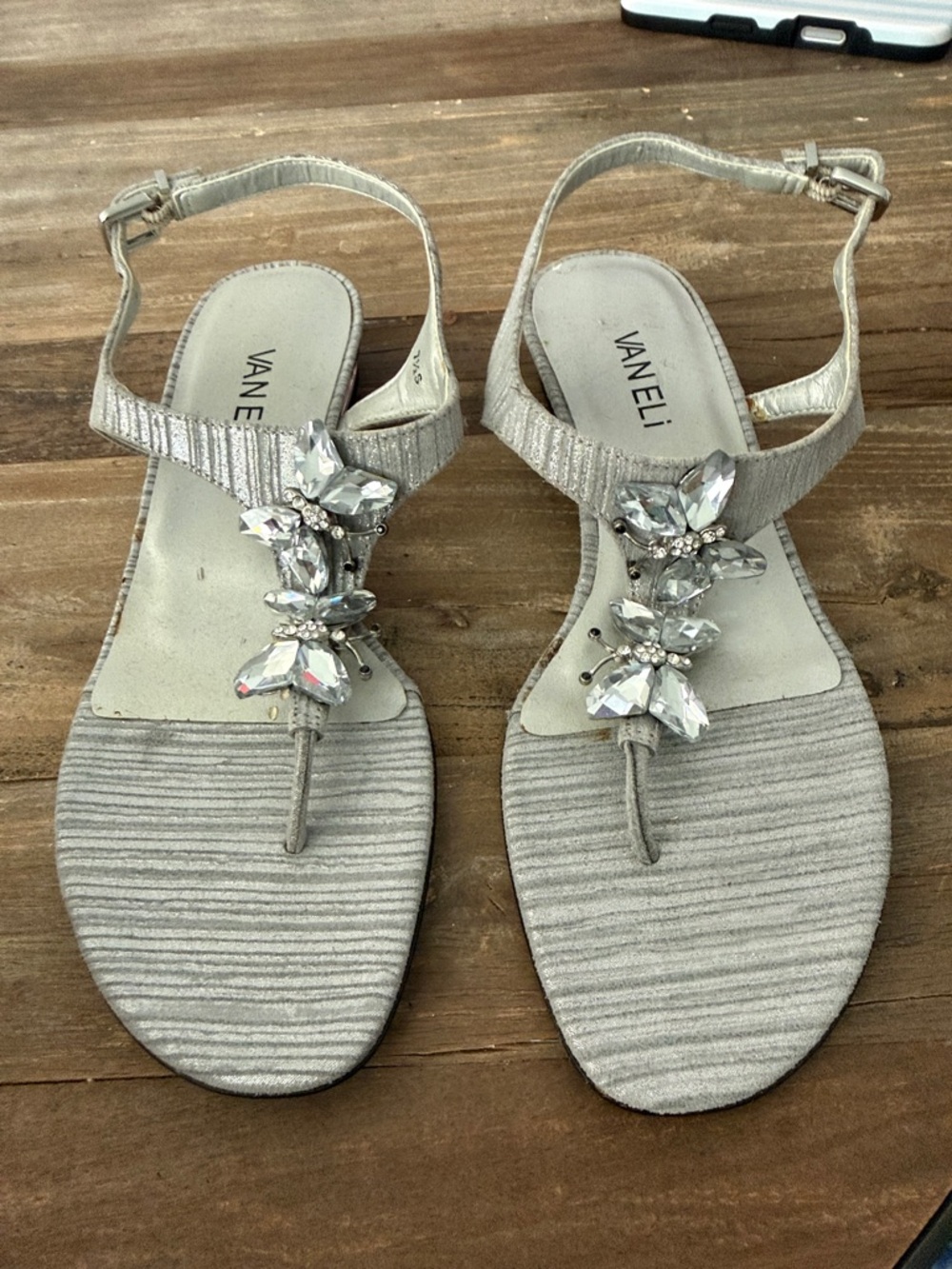 Vaneli Silver Jeweled Slingback T-Strap Sandals